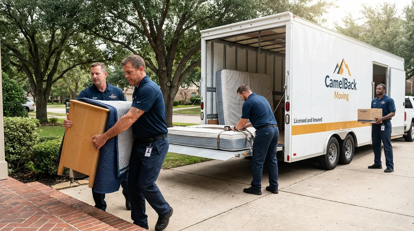 Crew loading residential truck for cross-state move from North Judson, IN