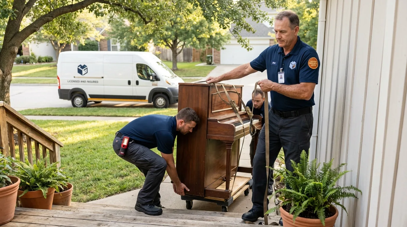 Licensed piano movers securing grand piano in North Judson, IN