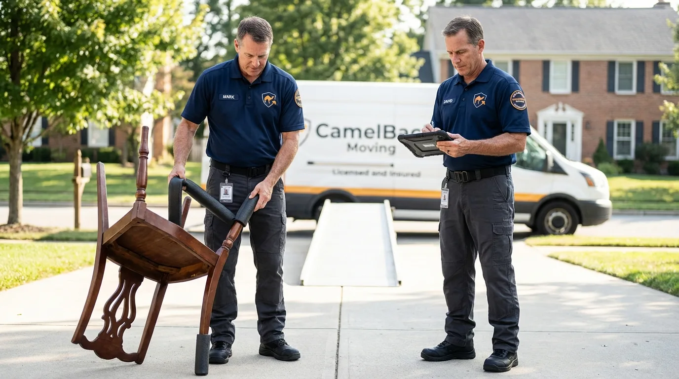 Movers inspecting furniture for damage prevention before loading in North Judson, IN