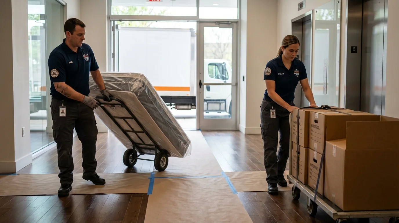 Professional apartment movers loading elevator in North Judson, IN