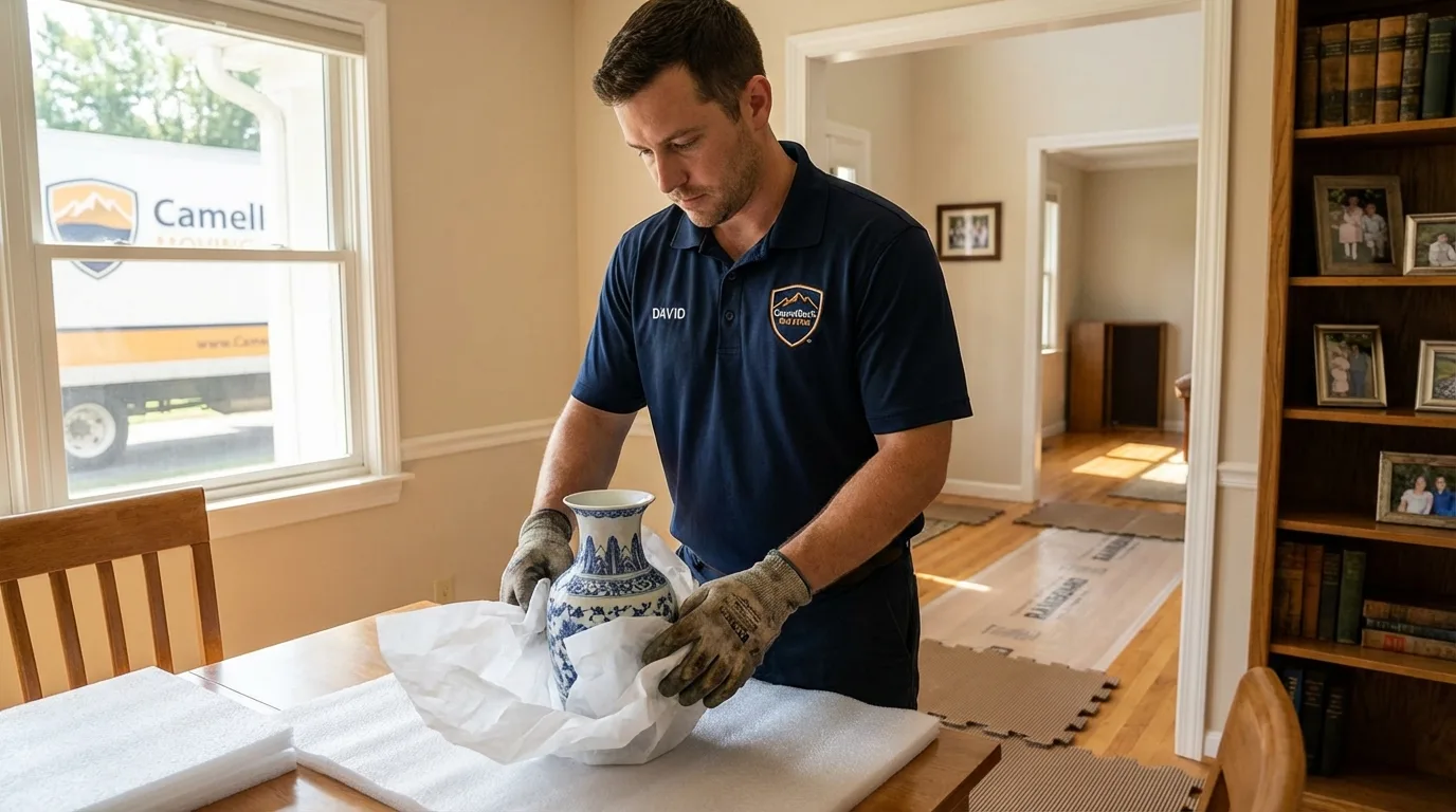Professional crew carefully wrapping antique vase for senior downsizing move in North Judson, IN