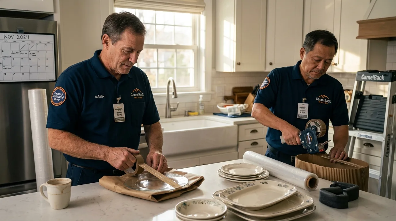 Professional crew packing kitchen dishware in North Judson, IN